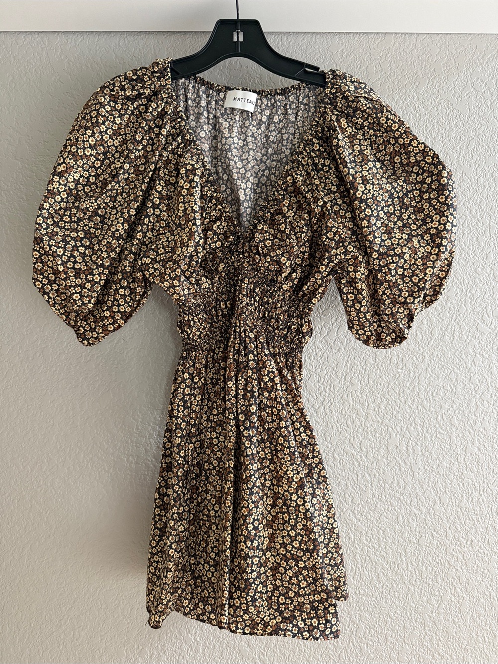 Matteau Shirred Brown Floral Puff-Sleeve Mini Dress Sz 2